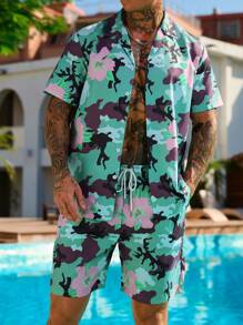 Manfinity RSRT 全身印花衬衫套装，配有短袖上衣和短裤，简约时尚的日常休闲男士两件套服装 - 彩色 - 查看 3