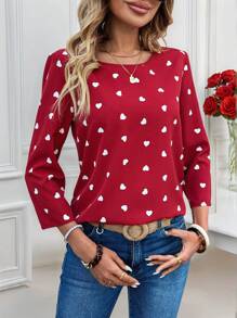 EMERY ROSE Blusa de manga larga con estampado de corazón para el Día de San Valentín de las mujeres