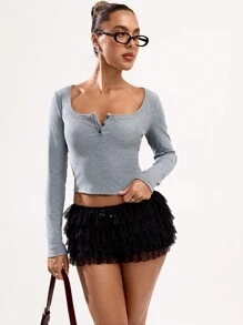 SHEIN BAE 女装春秋女士灰色舒适针织罗纹方领基本款长袖百搭简约紧身上衣适合通勤休闲装、办公室时尚装、日常出游、外出、春季上衣、长袖上衣、短款上衣、商务休闲女装、外出上衣女装 - 淺灰色 - 查看 4