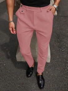 Manfinity Mode Men Plain Pocket Button Casual Straight Leg Pants - Pink - View 7