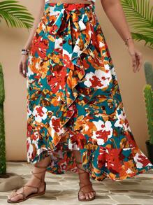 SHEIN VCAY Plus Allover Floral Print Ruffle Trim Wrap Knot Side Summer Skirt - Multicolor - View 3