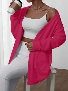 Chiquease Áo khoác cardigan dài tay màu trơn màu hồng thường ngày cho nữ, mặc hàng ngày - Màu Hồng Tươi - Xem 3