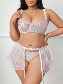3pcs Plus Size Sexy Lingerie Set For Valentine's Day - Pink - View 1