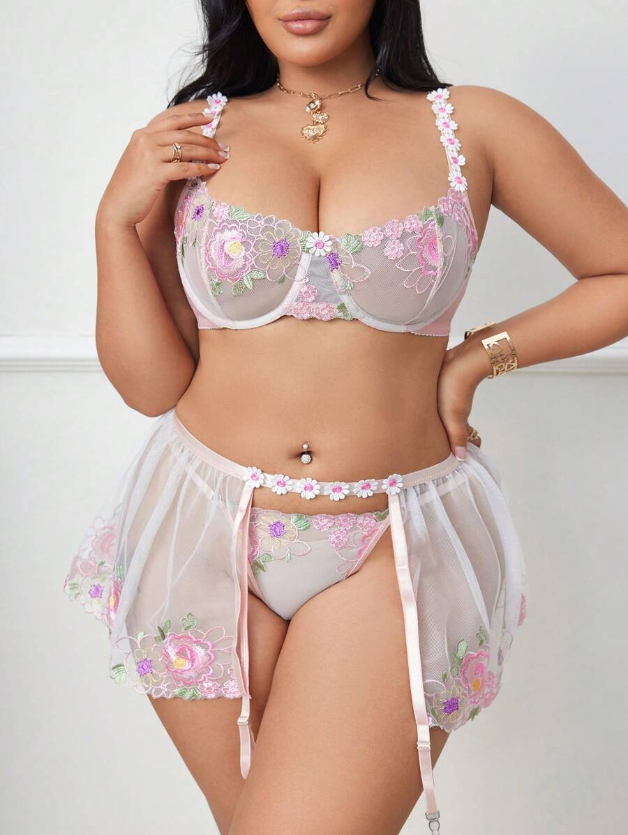 3pcs Plus Size Sexy Lingerie Set For Valentine's Day - Pink - View 1