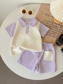 SHEIN 2pcs Waffle Knit Shirt & Shorts Set For Infant Toddler Unisex Baby Boy Girl 0-3 Years Old, Casual Daily Simple Contrast Color Outfit - Purple - View 2