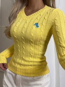 SHEIN EZwear Women's Casual Minimalist Embroidered Detail Sweater,Tops For School In Fall/Winter - Yellow - View 3