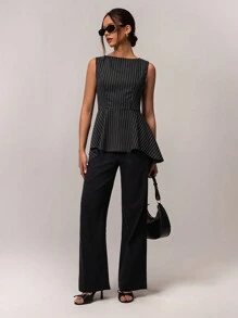 Forever 21 Women Casual Everyday Commute Sleeveless Ruffle Hem Striped Blouse, Spring