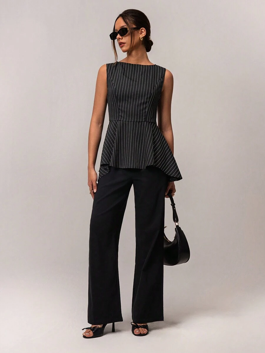 Forever 21 Women Casual Everyday Commute Sleeveless Ruffle Hem Striped Blouse, Spring