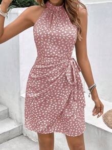 SHEIN Frenchy Đầm quấn cổ buộc dây in họa tiết toàn bộ, thích hợp mặc ngày lễ và thường ngày - Bụi hồng - Xem 3
