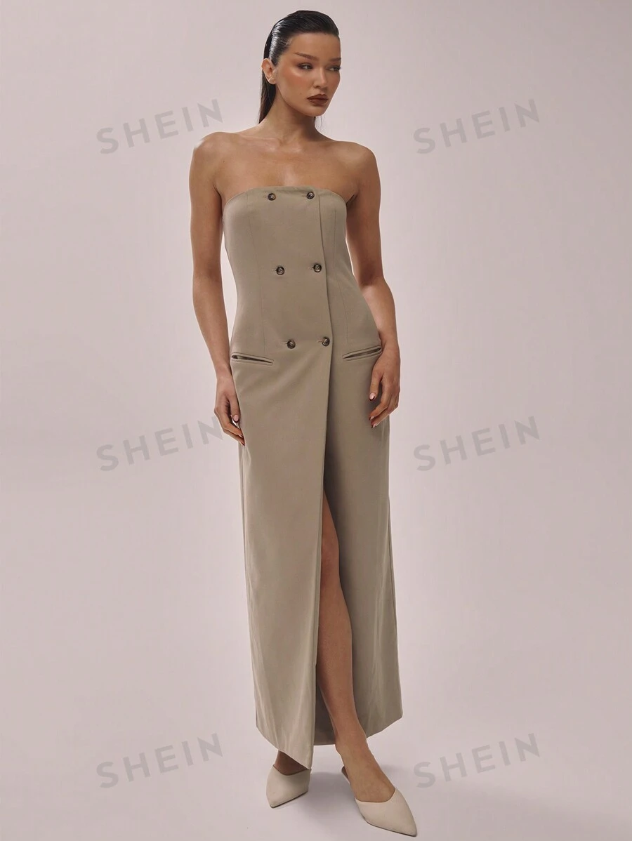 MUSERA Vestido midi elegante de estilo de traje de bandeau tejido para y verano, vacaciones y fiestas de "Old Money" - Gris - Ver 1