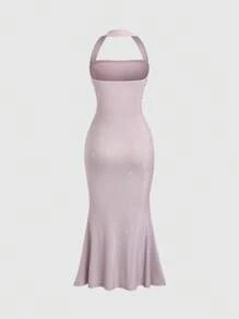 Sweetra Đầm suông ôm eo xếp ly hở lưng thường ngày cho nữ - Hồng - Xem 2