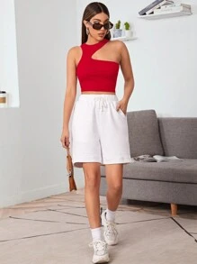 SHEIN Essnce Women Sleeveless Simple Fitted Casual Solid Knit Top - Rose Red - View 5