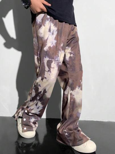 Tween 男童休闲百搭彩色油画印花喇叭开口宽松针织裤，适合学校、花园、海滩、生日、春季、夏季、秋季、冬季