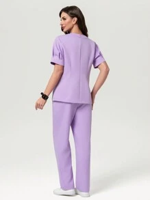 Scrubzie 抗皱短袖泡泡袖圆领多口袋上衣和裤子女士/护理服套装