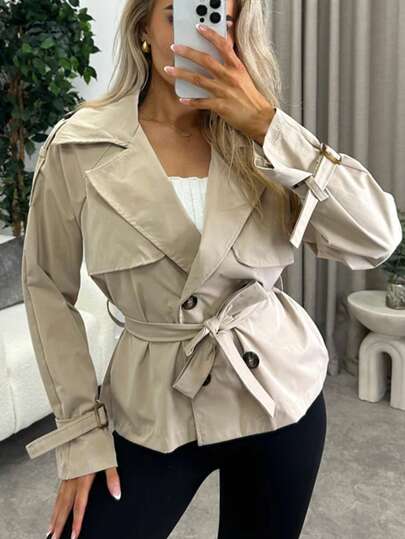 Siren Gaze Women Beige Button-Up Tie Waist Trench Coat In Fall/Winter Brown Casual Spring