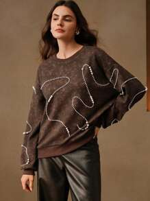 Anewsta 女士圆领装饰仿珍珠手洗套头卫衣秋季卫衣