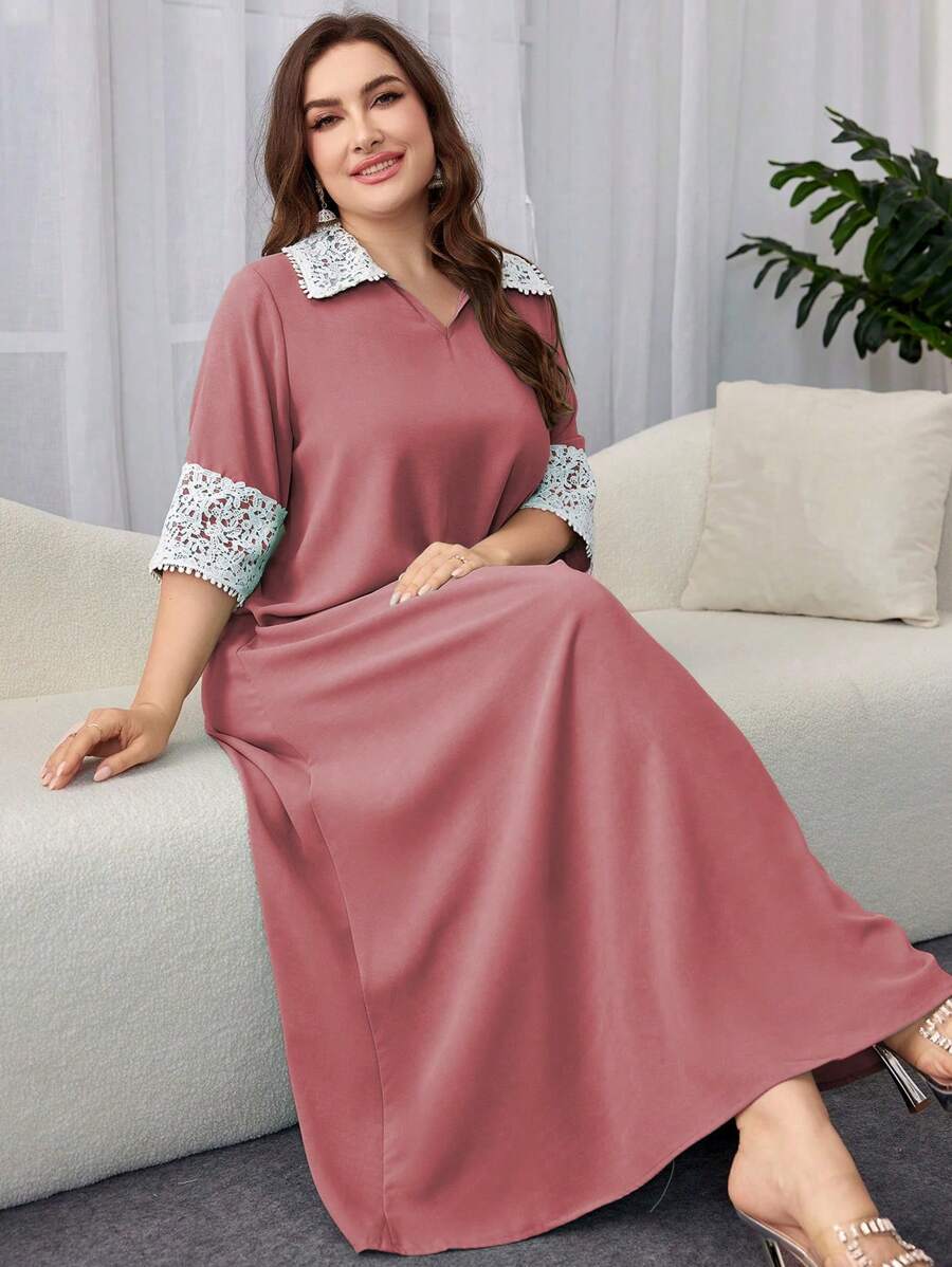 Al Najma Plus Size Plain Color Block Collared Casual Abaya Dress - Dusty Pink - View 1