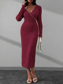RueChic Embellished Pearl Detailed Beige V Neck Long Dress - Burgundy - View 7