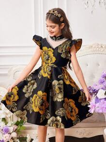 Tween Girl Floral Jacquard Ruffle Puff Sleeve Pearl Embellished Mini Stand Collar Dress - Multicolor - View 1