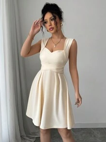 Elenzga 休閒優雅度假婚宴甜心領交叉蝴蝶結垂墜無袖奶油黃迷你洋裝女款 - 杏色 - 查看 4