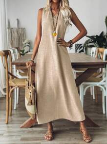 Breezaya Women's V-Neck Sleeveless Solid Color Casual Loose Comfortable Dress Maxi Women Outfit - Apricot - View 5