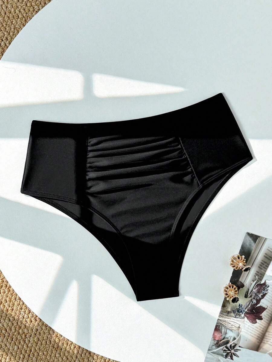 SHEIN Swim Springbreak Women High Waist Ruched Vintage Bikini Bottom Shorts - Black - View 1
