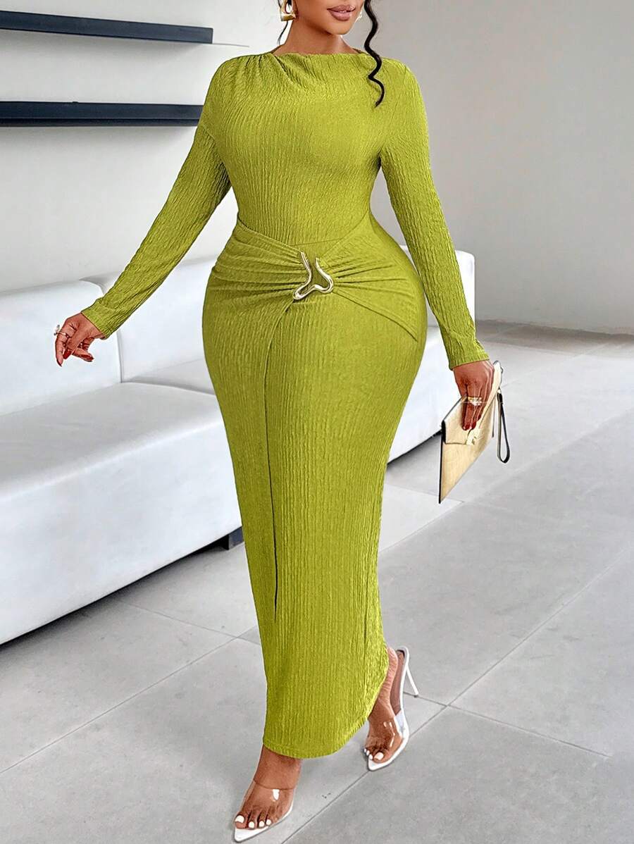 SOLERSUN 大码女式时尚直领纯色纹理金属饰边长袖连衣裙，圣帕特里克节、春季、秋季、冬季穿着，日常百搭，音乐节、派对、秋季 - 綠色 - 查看 1
