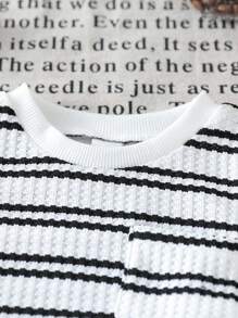 SHEIN Vintaside Kids 2 bucăți pentru bebeluși băieți, în dungi, tricot, tricot, buzunar, cu gât rotund, cu mânecă scurtă și set de pantaloni scurți peticiți cu litere, cu talie elastică neagră, vară - Negru - Vizualizare 4