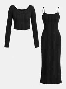 SHEIN Conjunto informal de 2 piezas para adolescentes: Camiseta de cuello redondo de manga larga a rayas Off Shoulder y Vestido tipo Camiseta de punto