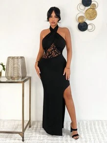 SHEIN SXY 性感约会领口蕾丝侧开衩透明黑色丝袜连衣裙