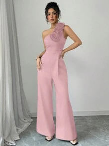 Rafferiza Elegant One Shoulder Jumpsuit For Women Wedding Guest Party With Floral Detail - Pink - View 5