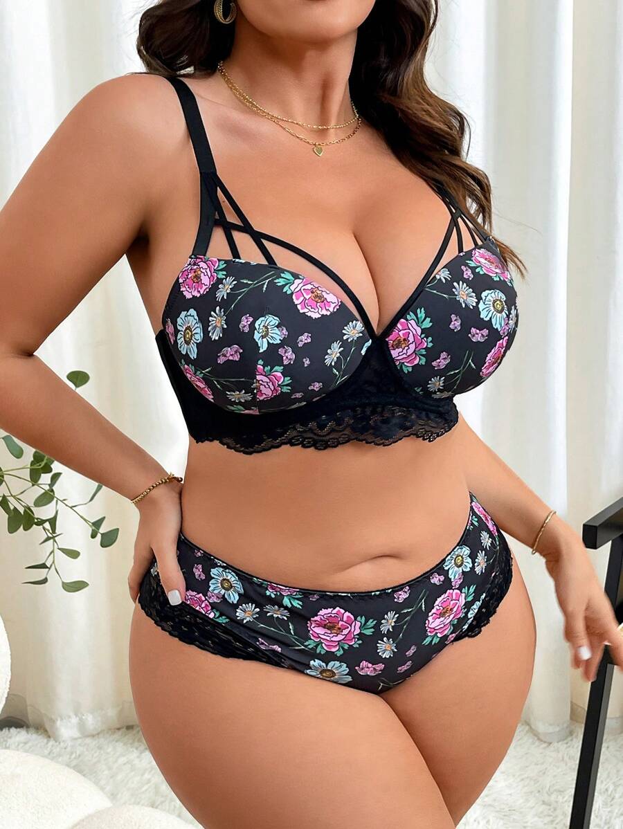 2 件大码文胸套装，带钢圈模杯，花卉印花设计 - 彩色 - 查看 1