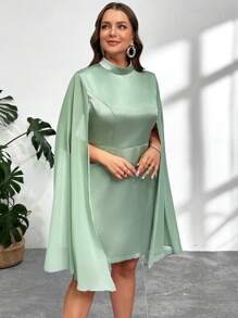SHEIN Privé Plus Size Elegant Party Solid Color Stand Collar Cape Sleeve Dress - Green - View 7