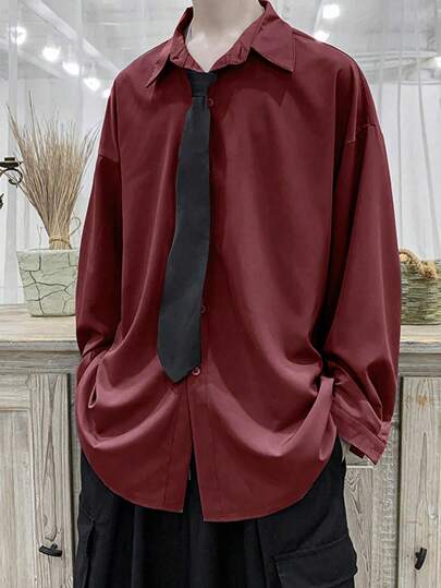 Claim Dot 宽松男士纯色落肩衬衫，无需系带，适合秋季穿着，长袖上衣