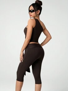 SHEIN ICON 2pcs Solid Color Asymmetric Shoulder Sleeveless Top And Shorts Suit For Women - Mocha Brown - View 2