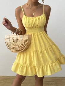 Breezaya Women's Solid Color Spaghetti Strap Swiss Dot Casual Yellow Dress For Summer - Yellow - View 6