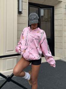 Comfortcana Women's Zipper Front Pink Long Sleeve Pocket Allover Print Casual Hoodie