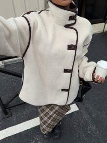 SHEIN EZwear Chaqueta de manga larga clásica con botones frontales, bolsillos parche y ribete de contraste, para otoño/invierno - Albaricoque - Ver 3