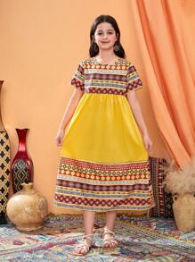 Tween Girl 休闲花卉复古印花黄色夏季连衣裙 - 黃色 - 查看 4