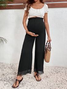 SHEIN Maternity Elastic Waist Flared Leg Solid Color Frill Trim Simple Casual Pants, For Daily Wear - Black - View 3
