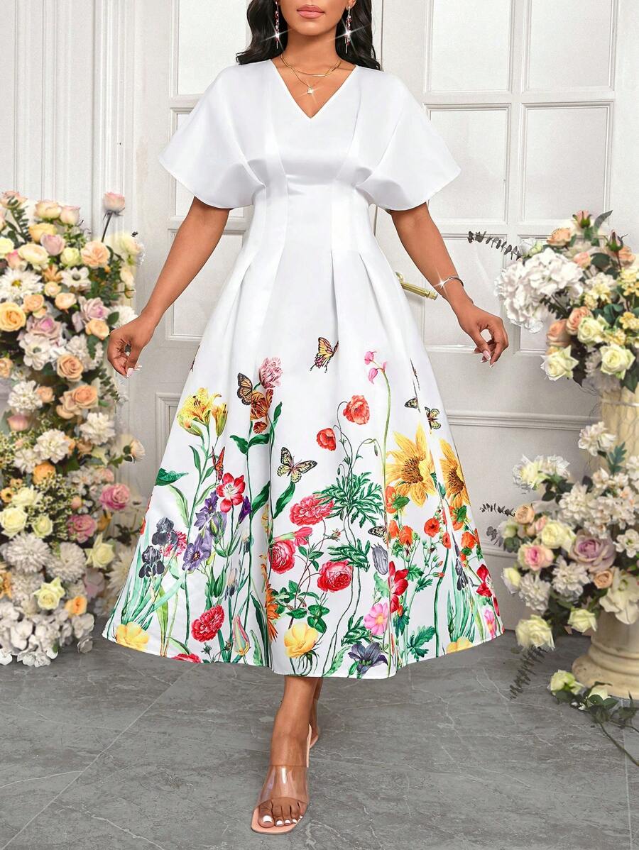 SHEIN Lady 女士优雅连衣裙 浪漫印花女士连衣裙 华丽连衣裙 - 白色 - 查看 1