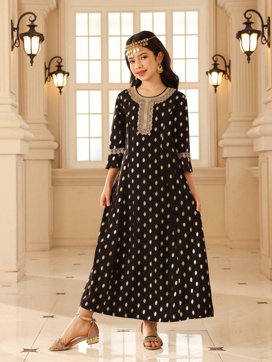 Tween Girl Round Neck Polka Dot Print Lace Patchwork Dress - Black - View 1