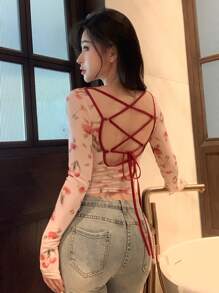 DAZY Encore Red Full Print Floral Pattern Backless Drawstring Tie Contrast Color Splicing Mesh Long Sleeve Blouse For Women,Halter Top
