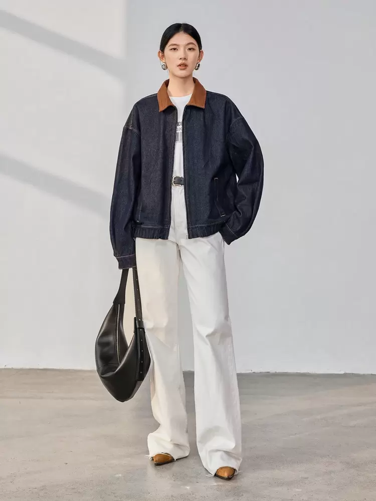 Chaqueta de mezclilla con bloques de color para mujer, ropa de otoño para mujer de estilo casual de negocios