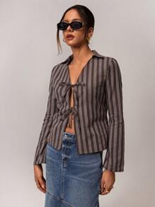Forever 21 女士休闲通勤条纹系带长袖上衣 - 彩色 - 查看 6