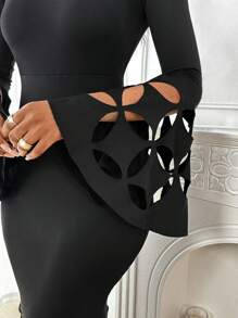 SHEIN Lady Women's Solid Color Hollow-Out Patchwork Long Sleeve Slim Fit Dress Plus Size Dresses