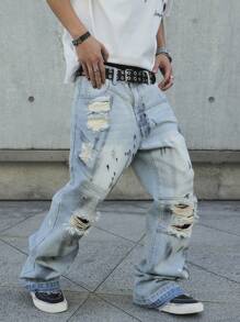 Manfinity EMRG Men's Pocket Ripped Print Simple Denim Jeans, Casual Daily Wear - Light Wash - View 4