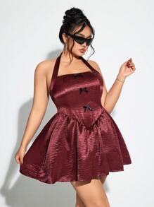 SHEIN ICON 加大码勃艮第红露背缎面蝴蝶结装饰连衣裙，适合情人节约会 - 酒紅色 - 查看 5