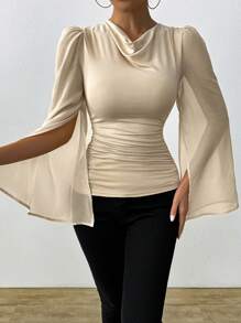 SHEIN LUNE Elegant Apricot V-Neck Draped Waist Ruffle Slit Cape Sleeve Women Top