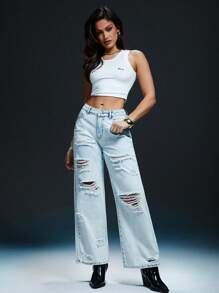 Denimoi Women's Casual Distressed Straight Leg Denim Jeans - Baby Blue - View 2